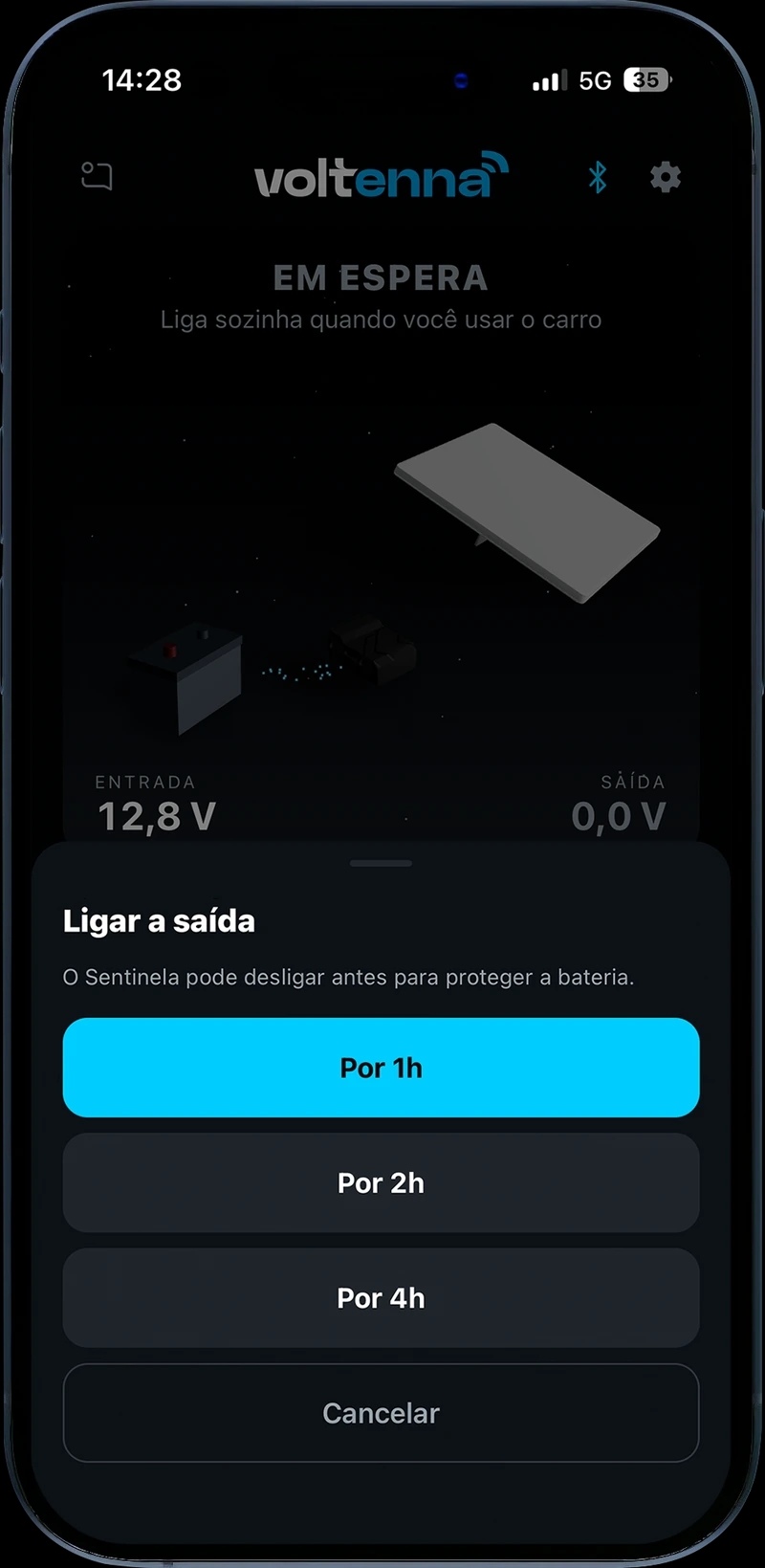 Mockup do acionamento da Starlink por uma, duas ou quatro horas, sujeito à proteção da bateria.