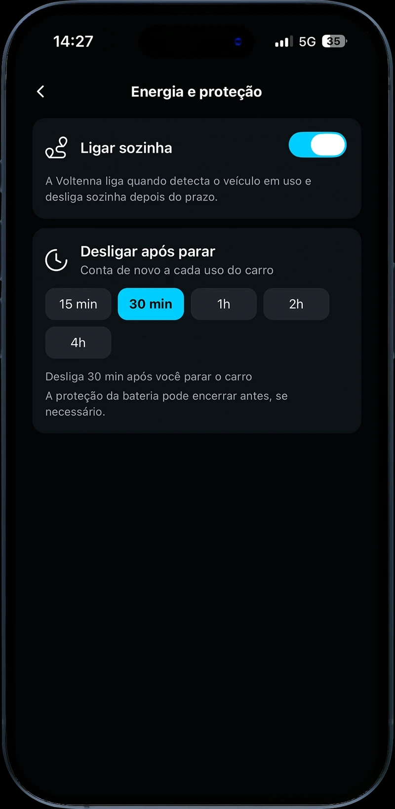 Mockup das configurações de energia: ligar sozinha e escolher o tempo de desligamento após parar.