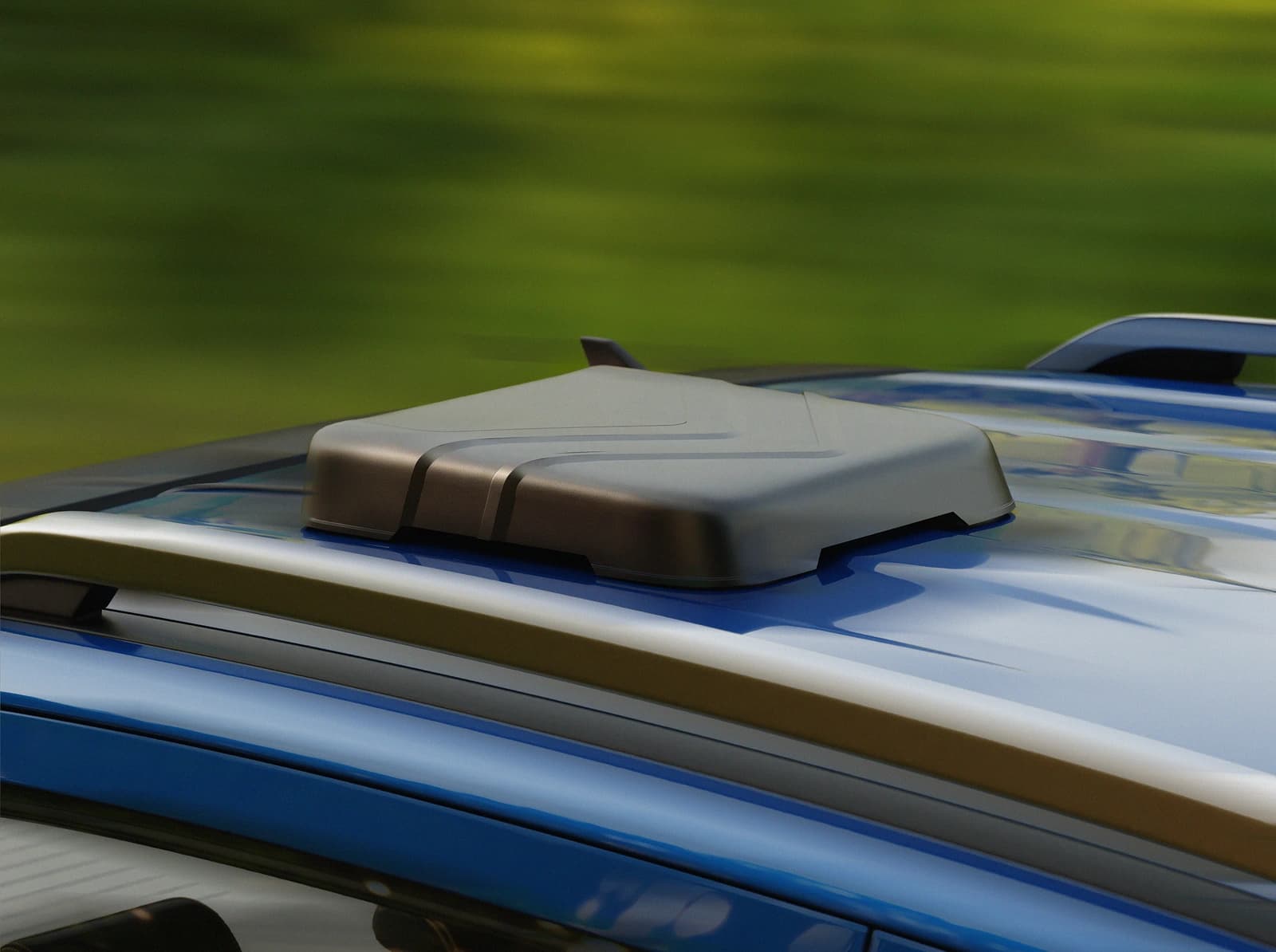 Voltenna Aero instalado no teto da Ranger, com o produto em destaque e paisagem desfocada ao fundo.